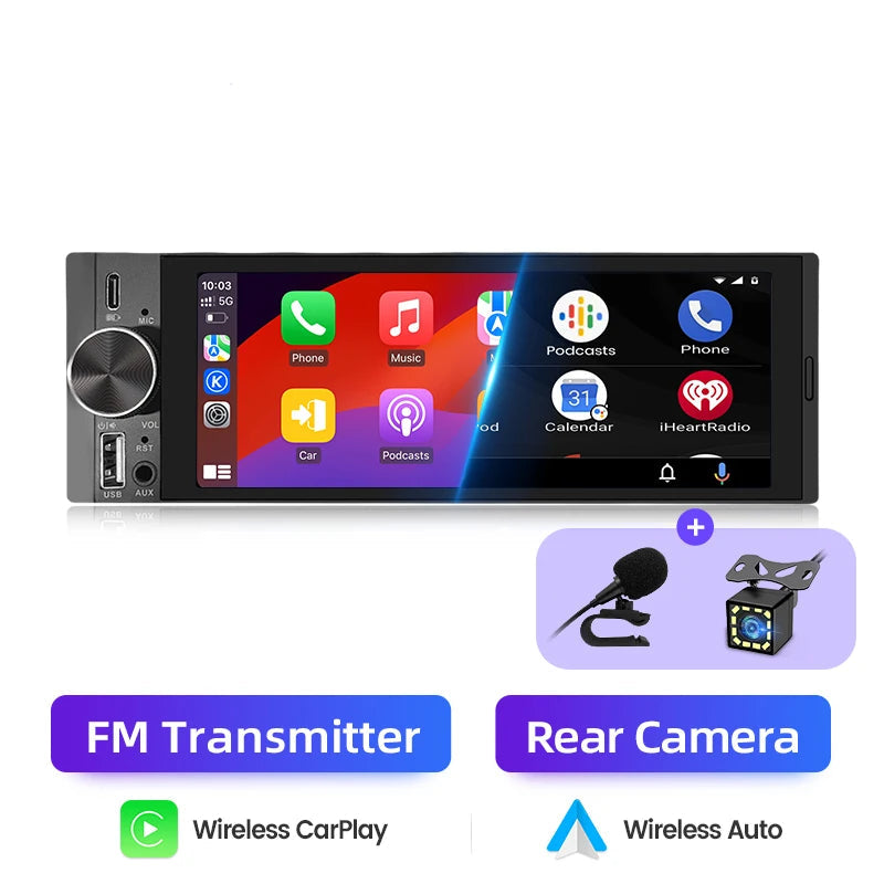 1-DIN 6,86” Wireless CarPlay & Android Auto Autoradio – IPS Touchscreen 1280×480, Bluetooth & Camera-ondersteuning