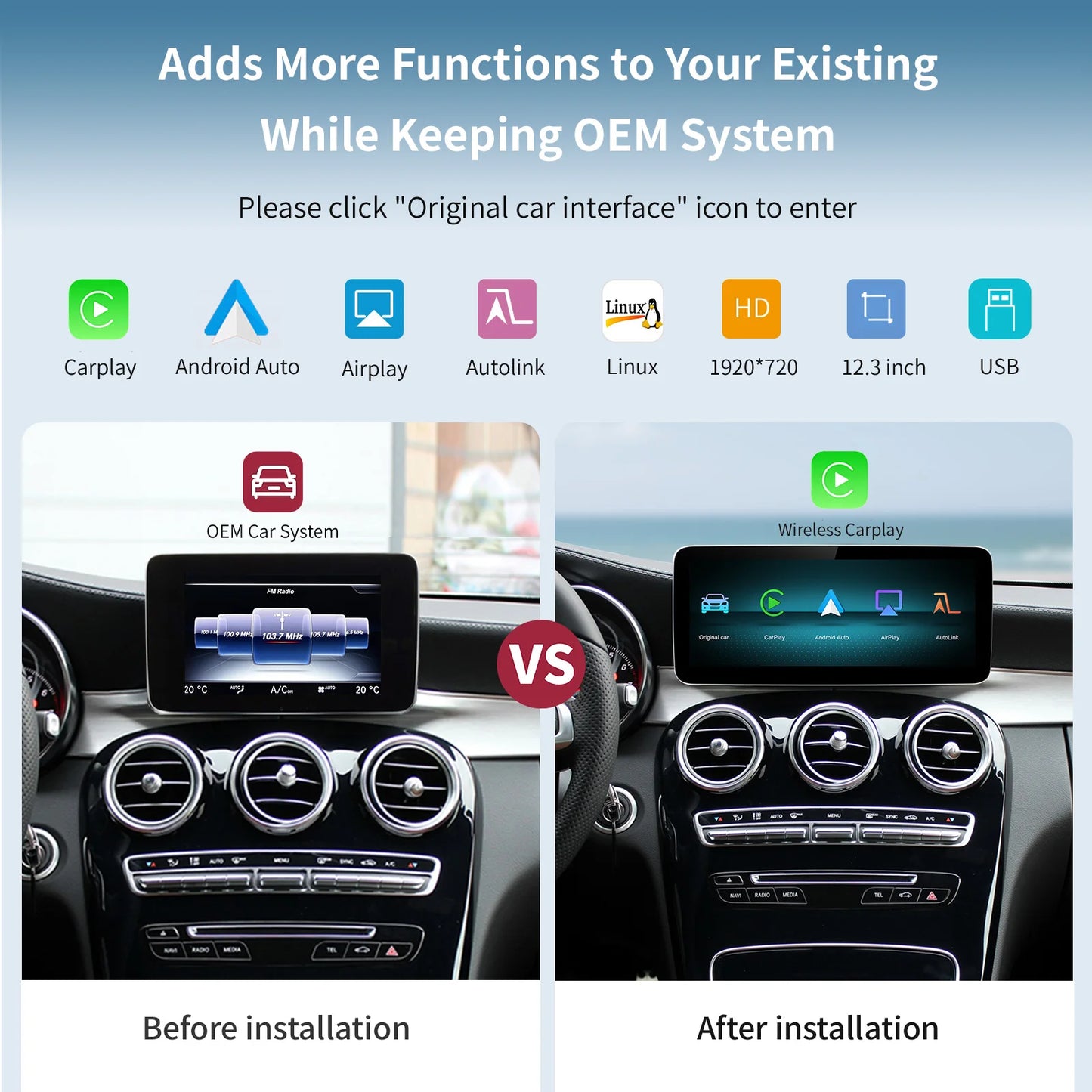 Mercedes-Benz 12.3 inch CarPlay Display | NTG 4.5 5.0 / 5.1 / 5.2 | Draadloos CarPlay & Android Auto