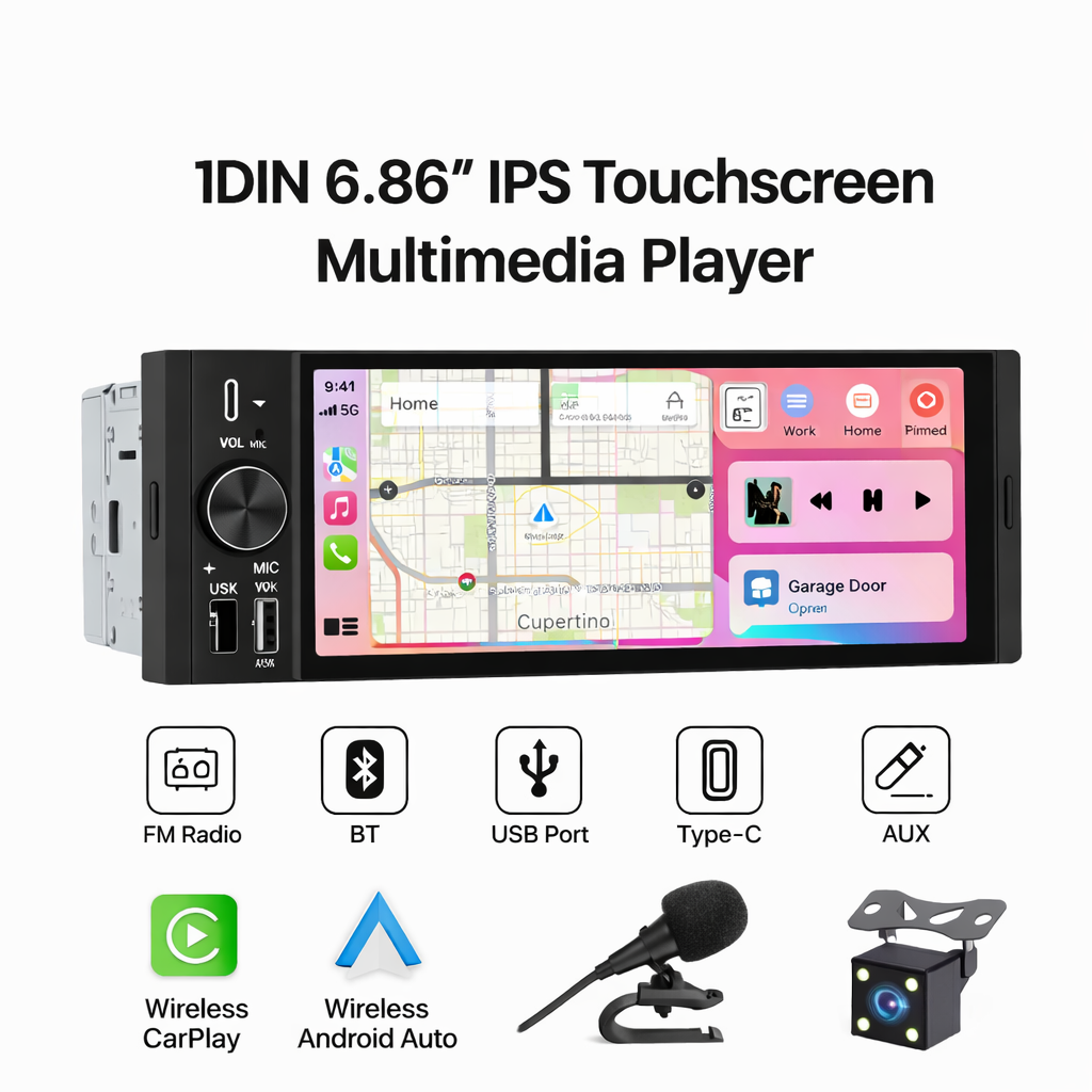 1-DIN 6,86” Wireless CarPlay & Android Auto Autoradio – IPS Touchscreen 1280×480, Bluetooth & Camera-ondersteuning
