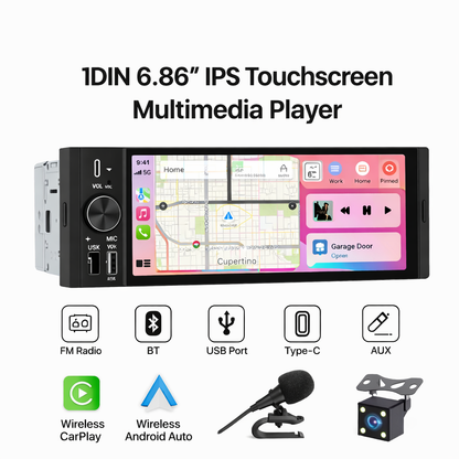 1-DIN 6,86” Wireless CarPlay & Android Auto Autoradio – IPS Touchscreen 1280×480, Bluetooth & Camera-ondersteuning