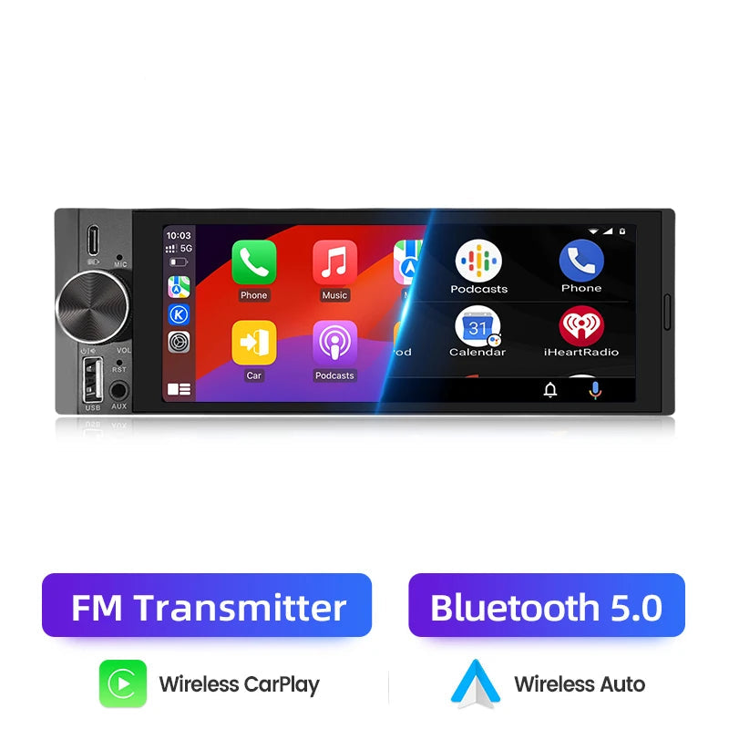 1-DIN 6,86” Wireless CarPlay & Android Auto Autoradio – IPS Touchscreen 1280×480, Bluetooth & Camera-ondersteuning