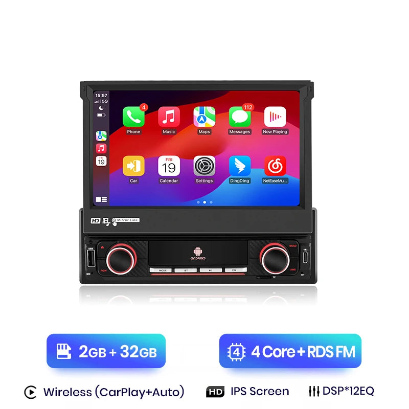 Uitklapbaar Single DIN CarPlay Scherm – Draadloos Apple CarPlay & Android Auto