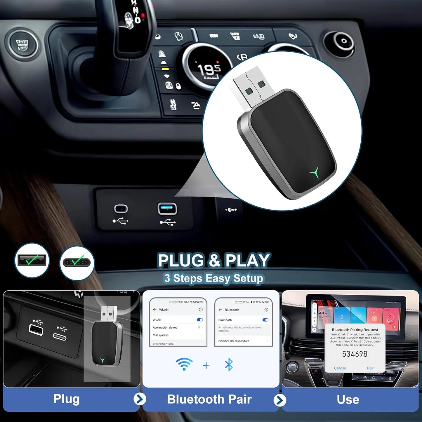 Draadloze CarPlay Adapter Compact – Plug & Play voor Apple CarPlay